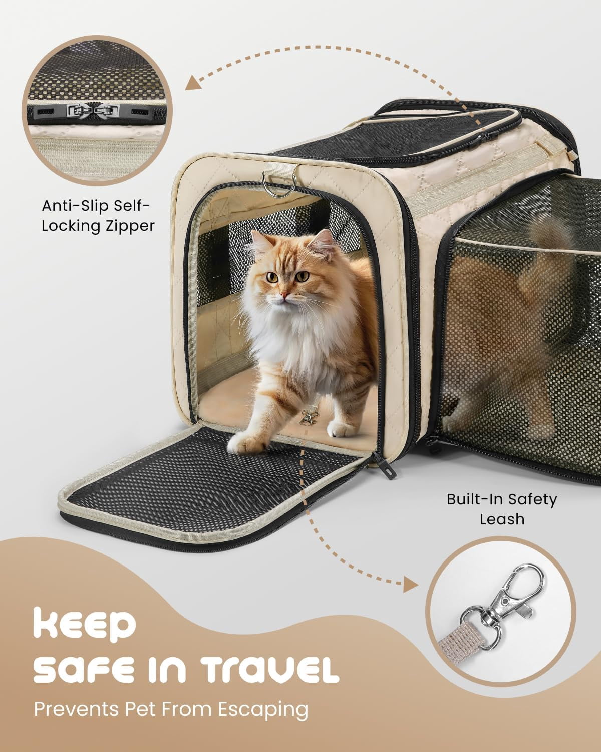 Soft Sided Cat Carrier for Small to Medium Cats, TSA Approved, Collapsible Travel Bag with Expandable Space and Breathable Window (Beige)