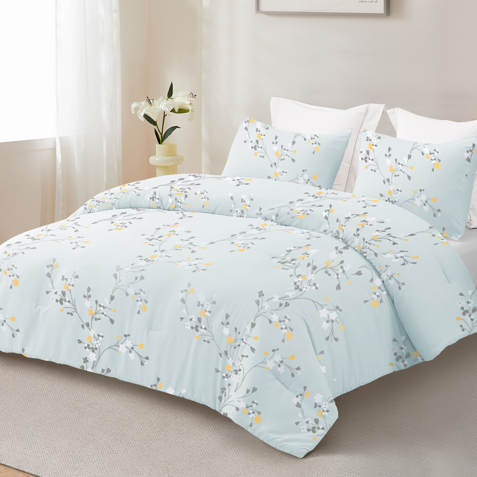 Exclusivo Mezcla King Floral Comforter Set, Light Blue, 3-Piece photo 6