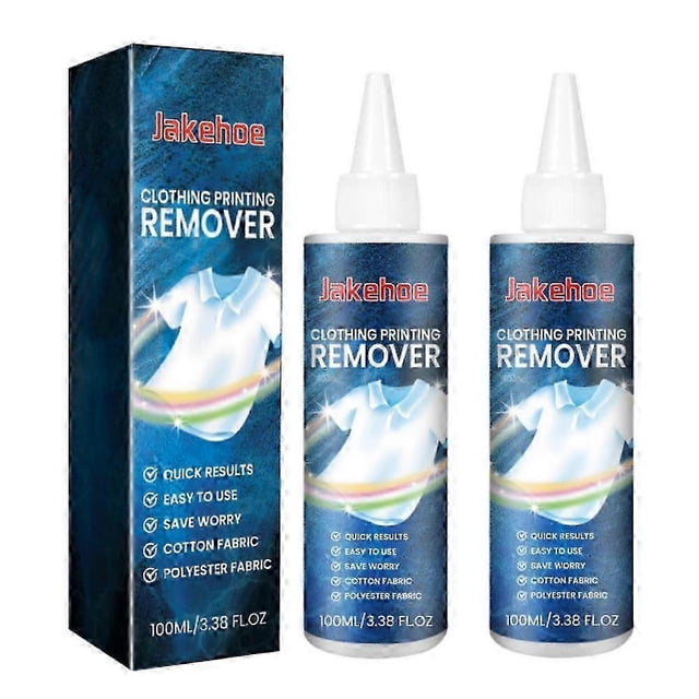 quitamanchas para ropa limpiador descontaminante de ropa quitamanchas de aceite para chaquetas de plumón limpiador de manchas amarillas agente eficaz para quitar manchas de tela Caja vertical y dos botellas frontales, vista centrada; botellas blancas con tapón en punta y etiqueta azul que muestra "Clothing Printing Remover" y volumen 100 ml, iconos de resultados rápidos y compatibilidad con algodón y poliéster. Fondo blanco neutro. También suele usarse para remover residuos pegajosos y logos impresos en telas.