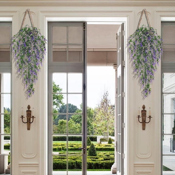 PATLOLLAV Artificial Hanging Plants Faux UV Resistant Flowers,Fake Lavender,Faux Hanging Vines Wall Plants UV Resistant Fake Hanging Lavender Greenery Decor for Indoor Outdoor Porch Arch
