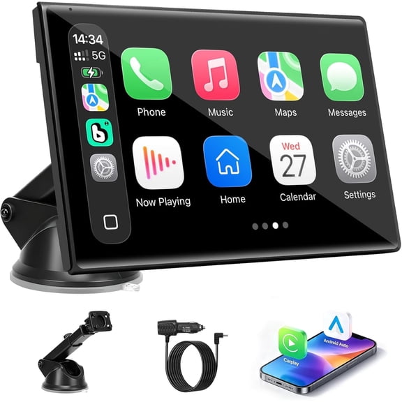 7" Portable CarPlay Screen for Car (Black), Wireless Apple CarPlay & Android Auto, HD Touchscreen Car Stereo Upgrade with Bluetooth, Voice Control, GPS Navigation, Mirror Link, FM Transmitter