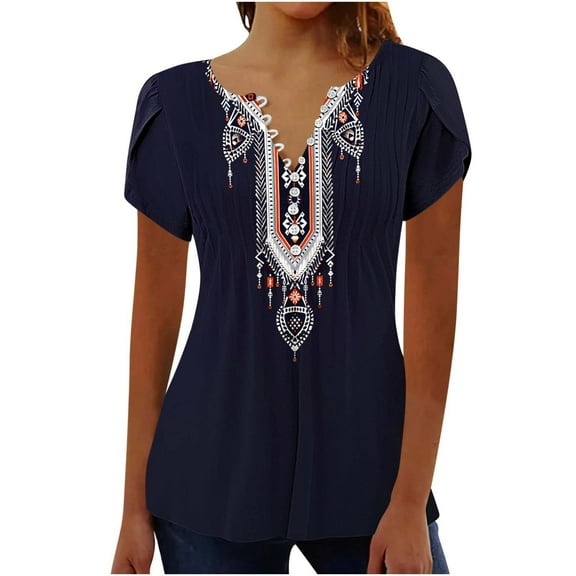 DeHolifer Womens T-Shirts V-Neck Button Floral Printed Dressy Casual Short Sleeve Summer Tops Pleated Ladies Tunic Blouses Multicolor S