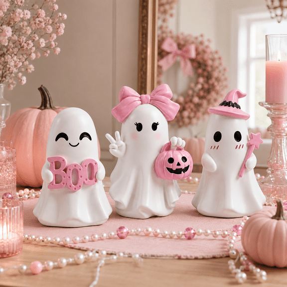 3Pcs Halloween Cute Pink Ghost Figurines, 3.94in Hand Painted Resin Craft with Bow Pumpkin Bucket and Magic Wand Details, Tabletop Decor for Shelves Desk Party