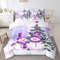 Manfei Cartoon Purple Snowman Bedding Comforter Set 7pcs for Child, Kawaii Xmas Tree Queen Bedding Sets, Christmas Snowflake Print Reversible Queen Sheet Sets, Lightweight Room Decor