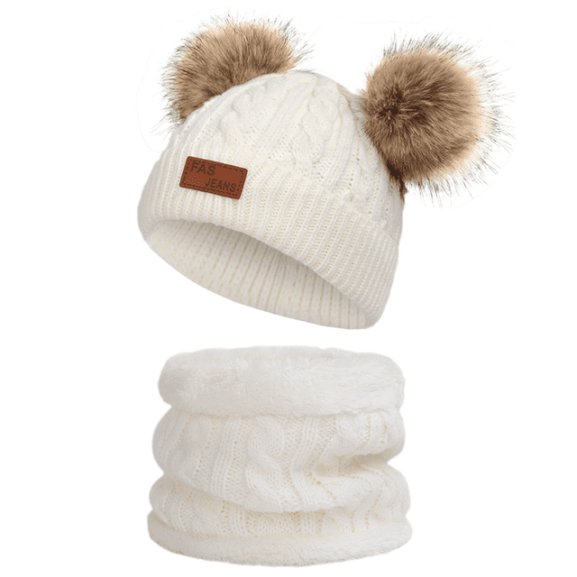 Gorro para niños pequeños, gorro de punto con pompón doble de invierno de color y bufanda del mismo color
