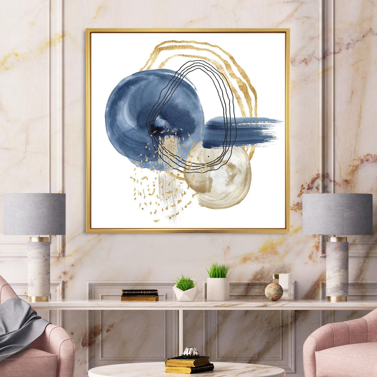 Designart Abstract Dark Blue Gold & Black Underwater Life FLOAT FRAME WALL ART