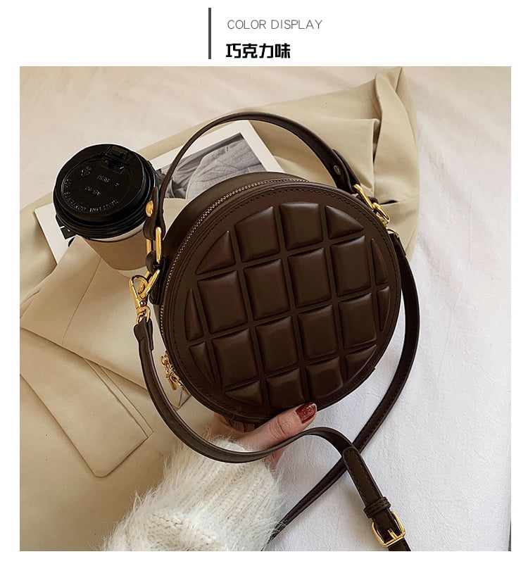 Baguery Quilted Round Crossbody Bag for Women - Faux Leather Compact Shoulder Purse (7.48×2.95×7.48in)