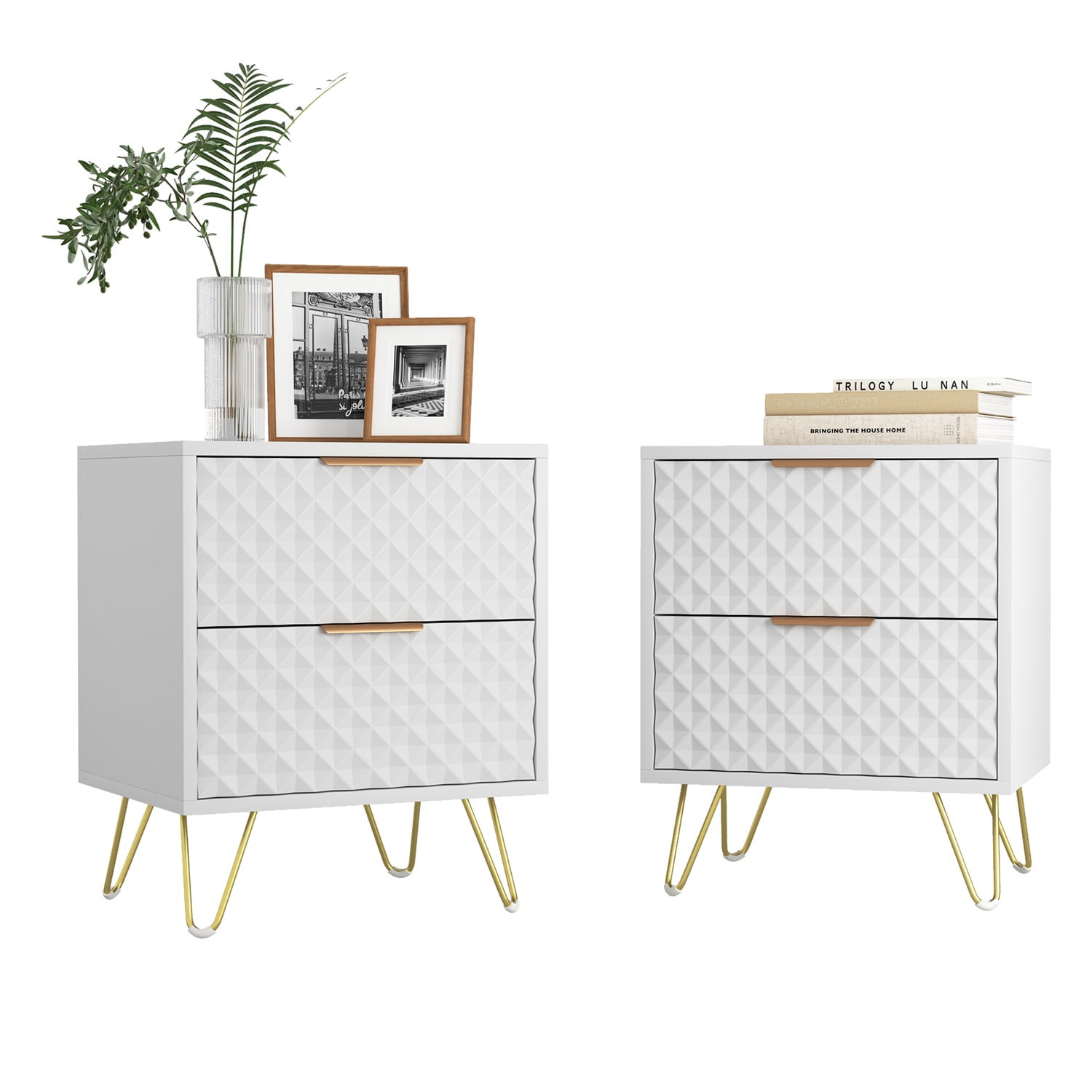 Hommoo Nightstand Set of 2, Carving Texture Night Stand End Side Tables, Modern Bedside Tables with 2 Drawers, for Bedroom Living Room, White