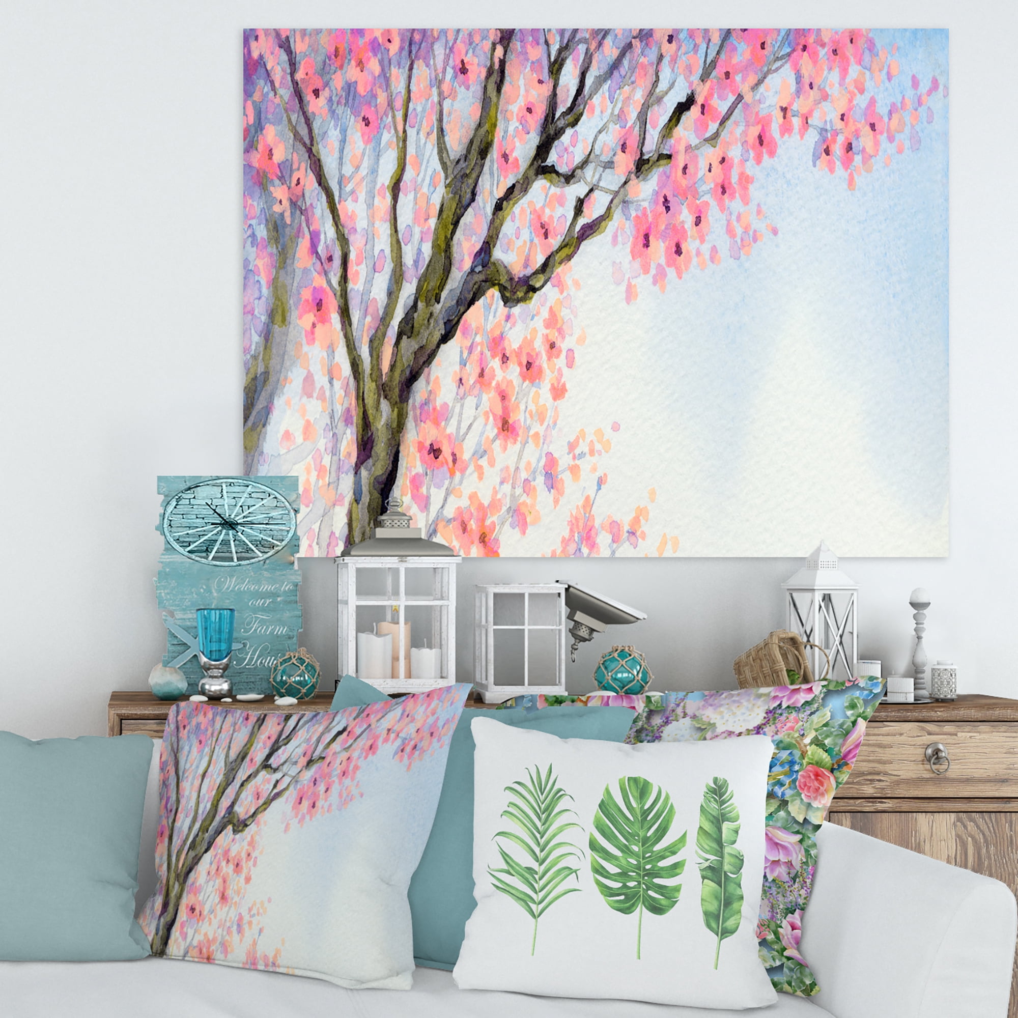Designart ' Beautiful Pink Bird Sitting On Flowering Branch ' Traditional Canvas Wall Art Print