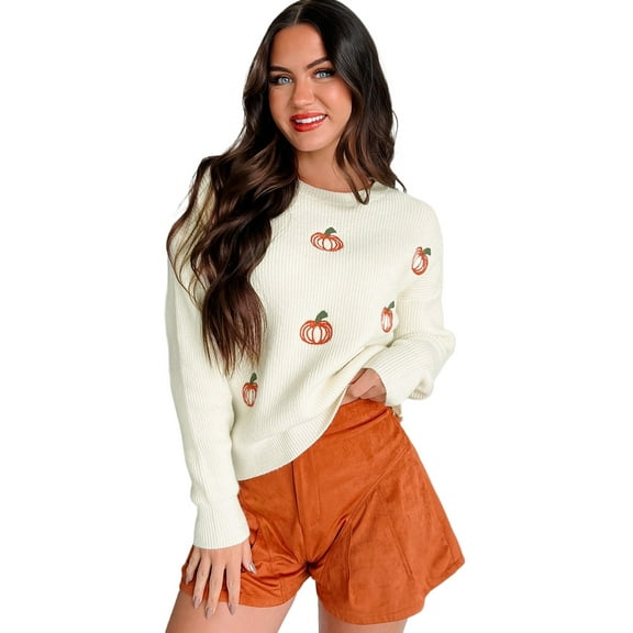 Women's Beige Pumpkin Embroidered Ribbed Sweater - Perfect for Thanksgiving and Halloween | [ZhiHiMeRi] | L