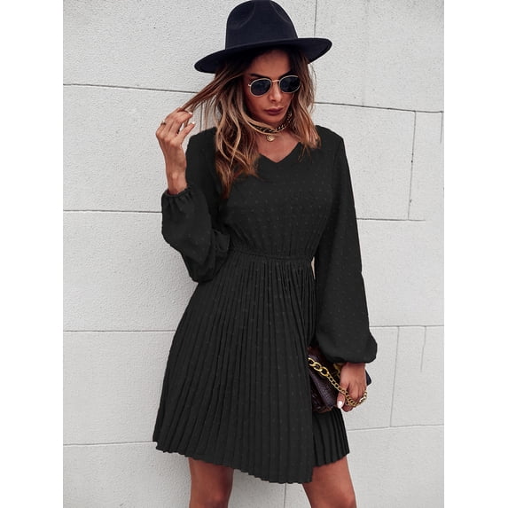 V Neck Swiss Dot Long Sleeve Pleated Dress Above Knee Length