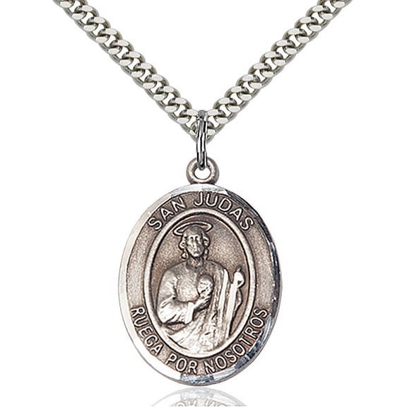 Sterling Silver San Judas Pendant 1 x 3/4 inches with Heavy Curb Chain