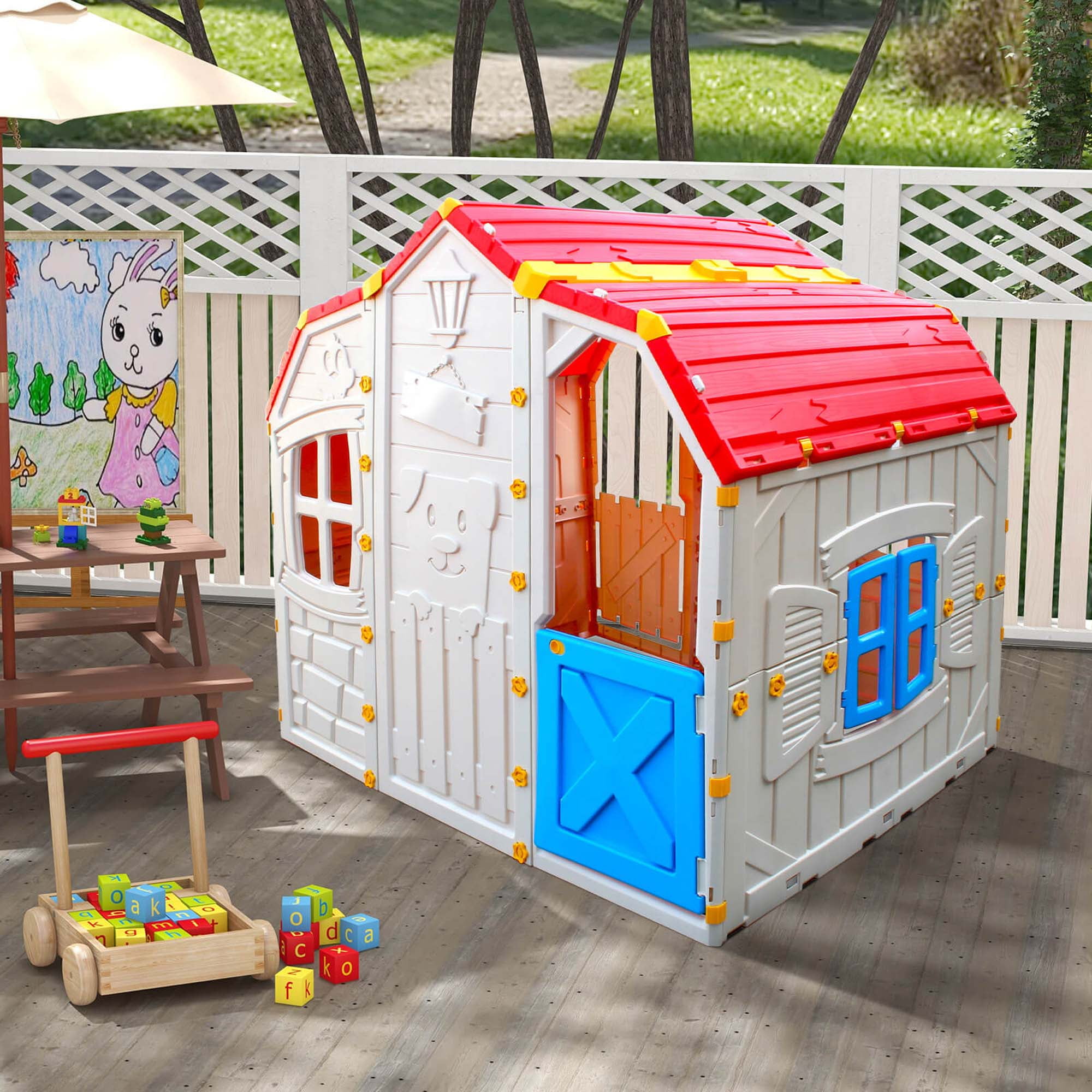 Costway Kids Playhouse Realistic Cottage Playhouse with Openable