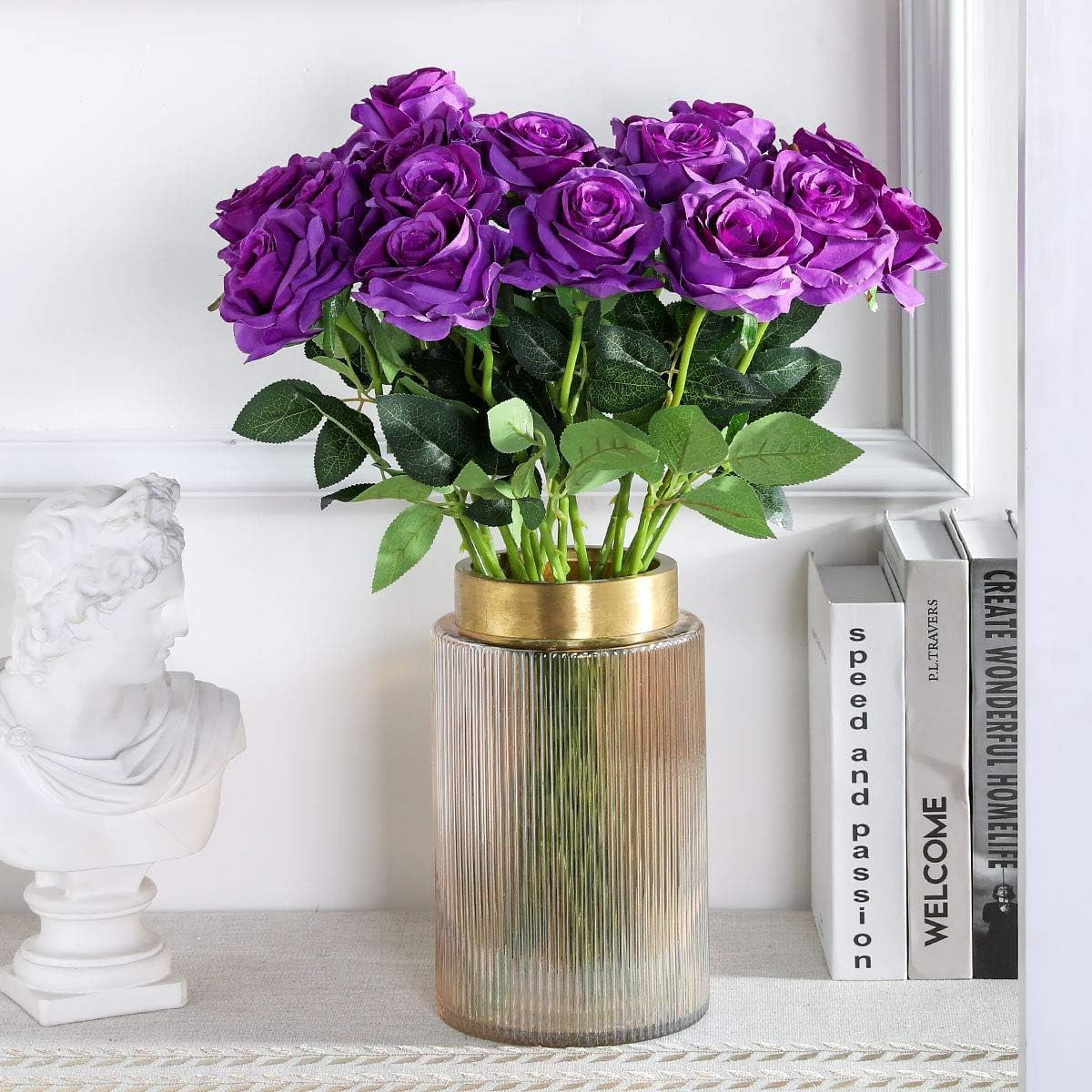 Purple Fake Roses Artificial Flowers - Fake Artificial Roses Silk Flowers with Stems for Home Wedding Hotel Office Centerpiece Decor