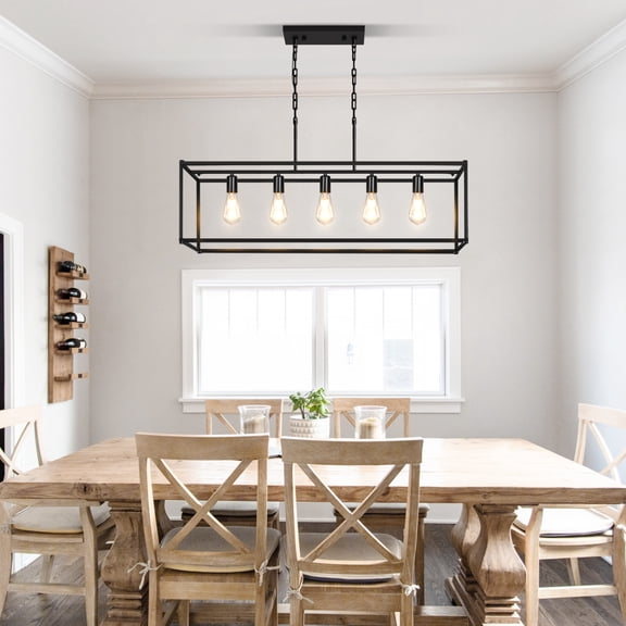Black farmhouse kitchen island light, modern industrial-style rectangular pendant light, 5-light linear vintage cage pendant light with adjustable height, suitable for farmhouse, kitchen, dining room