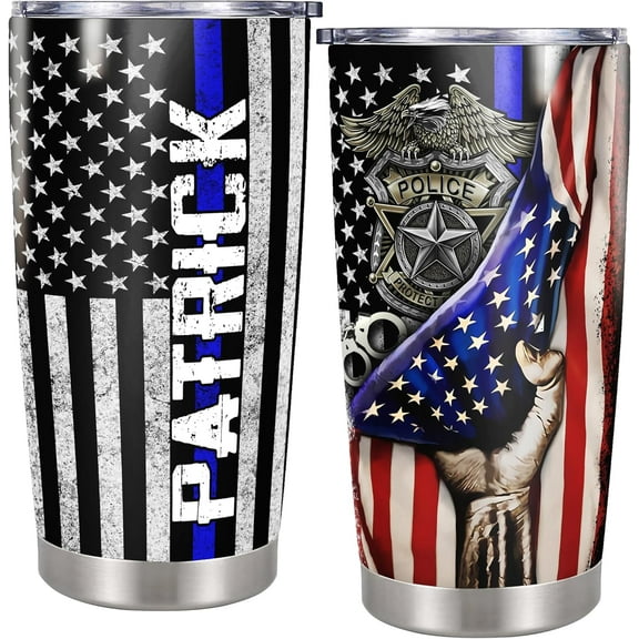 Personalized Police Tumbler Customized Name Insulated Cups Travel Coffee Mug with Lid 20 oz Police Officers Week Gifts for Him Dad Men Academy Graduation Coworker Father's Day