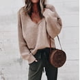 thumbnail image 3 of Suéter de punto de manga larga con cuello en V para mujer, moda europea y americana, color sólido, informal, para otoño e invierno, 3 of 5