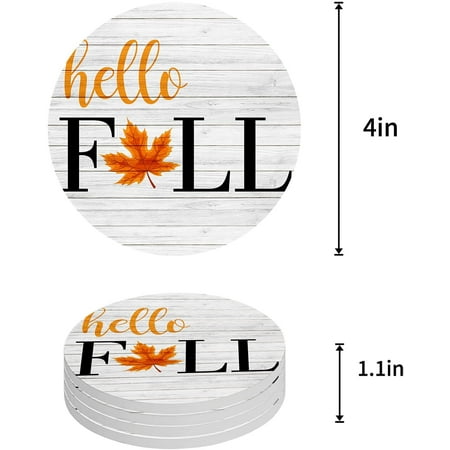 

FMSHPON Hello Fall Maple Leaves Wood Grain Set of 4 Round Coaster for Drinks Absorbent Ceramic Stone Coasters Cup Mat with Cork Base for Home Kitchen Room Coffee Table Bar Decor