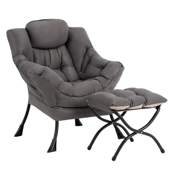 Welnow Lazy Chair with Ottoman, Reading Chair with Footrest, Dark Grey
