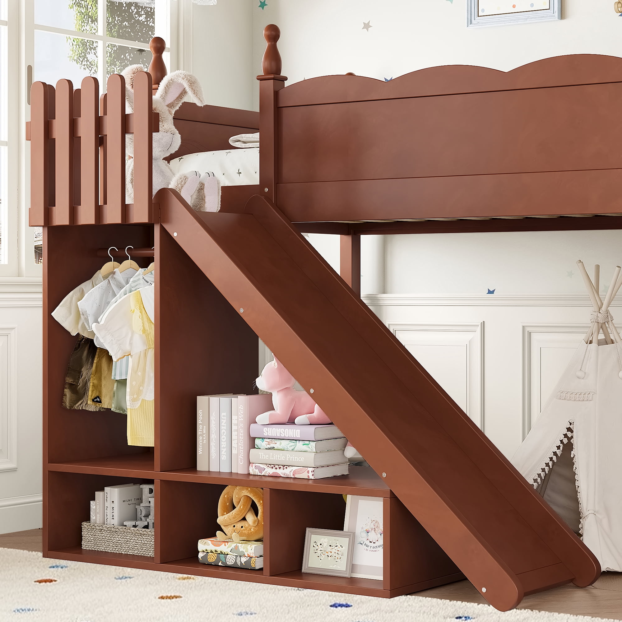 Leumius Twin Loft Bed Frame with Storage Shelves and Wardrobe, Solid Wood Loft Bed with Detachable Slide and Ladders for Kids Teens Adults Deep Natural