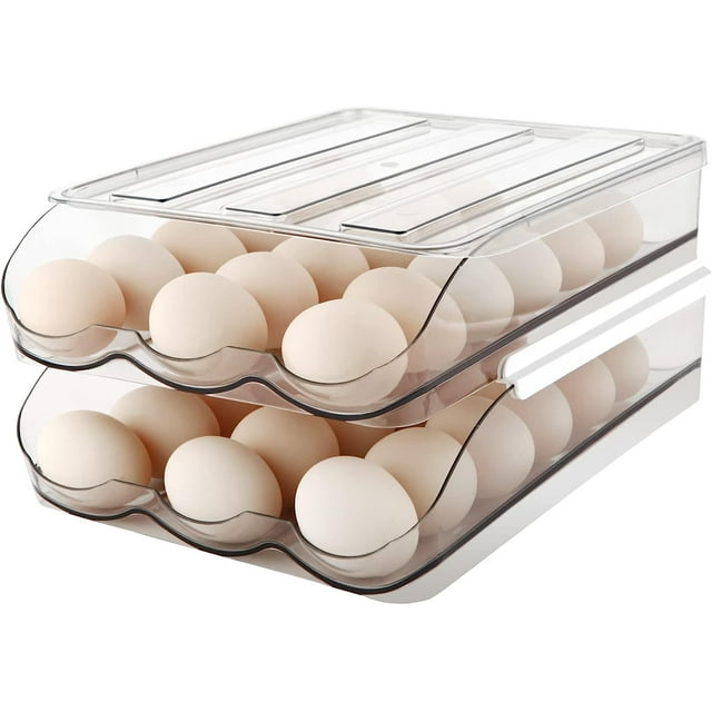 Convenient Auto Rolling Egg Tray for Fridge, Set of 2 Stackable Egg Holder with Clear Design, Holds up to 18 Eggs per Layer, Space-Saving Egg Storage Container