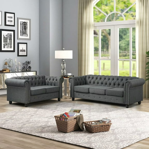 Morden Fort Sofa for Living Room Furniture Sets, Loveseat and Sofa 2 Pieces, Fabric Gray