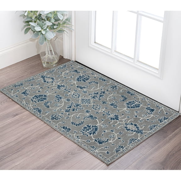 2' X 3' Gray Blue And Ivory Wool Floral Medallion Hand Hooked Area Rug