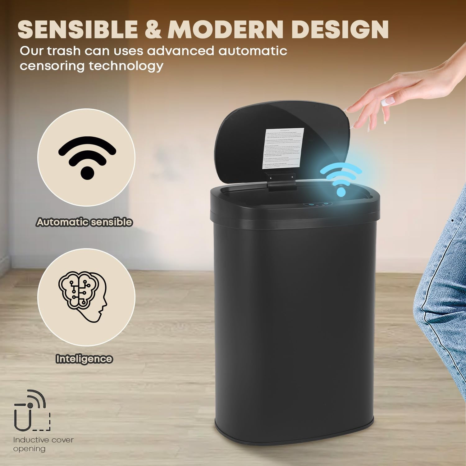 YRLLENSDAN Kitchen Tall Trash Can 13 Gallon Size Touchless Trash Can Motion Sensor Trash Can with Lid Odor-free Automatic Garbage Can 13 Gallon Waterproof Stainless Steel Trash Bin, Black