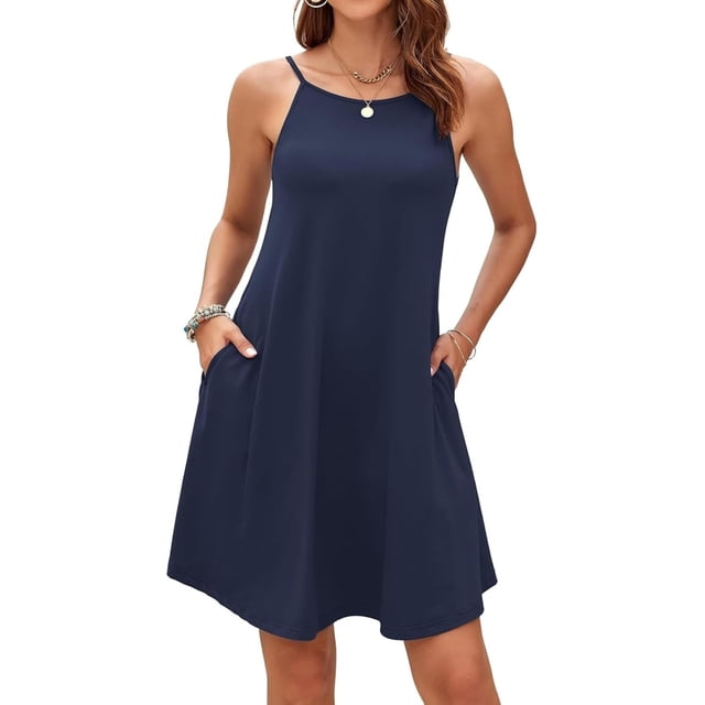 Jdffashion Robe d'Été pour Femmes Col Licou Sans Manches Mini Robe Décontractée Florale de Plage avec Poches