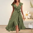 thumbnail image 1 of IDALL Robes d'Été, Robes Petites Femmes Col en V Manches Courtes à Volants Longue Robe Élégante, Robe Ajustée et Évasée, Robes Femmes Vert 3 Robe m, 1 of 5