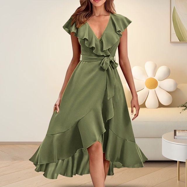 IDALL Robes d'Été, Robes Petites Femmes Col en V Manches Courtes à Volants Longue Robe Élégante, Robe Ajustée et Évasée, Robes Femmes Vert 3 Robe m