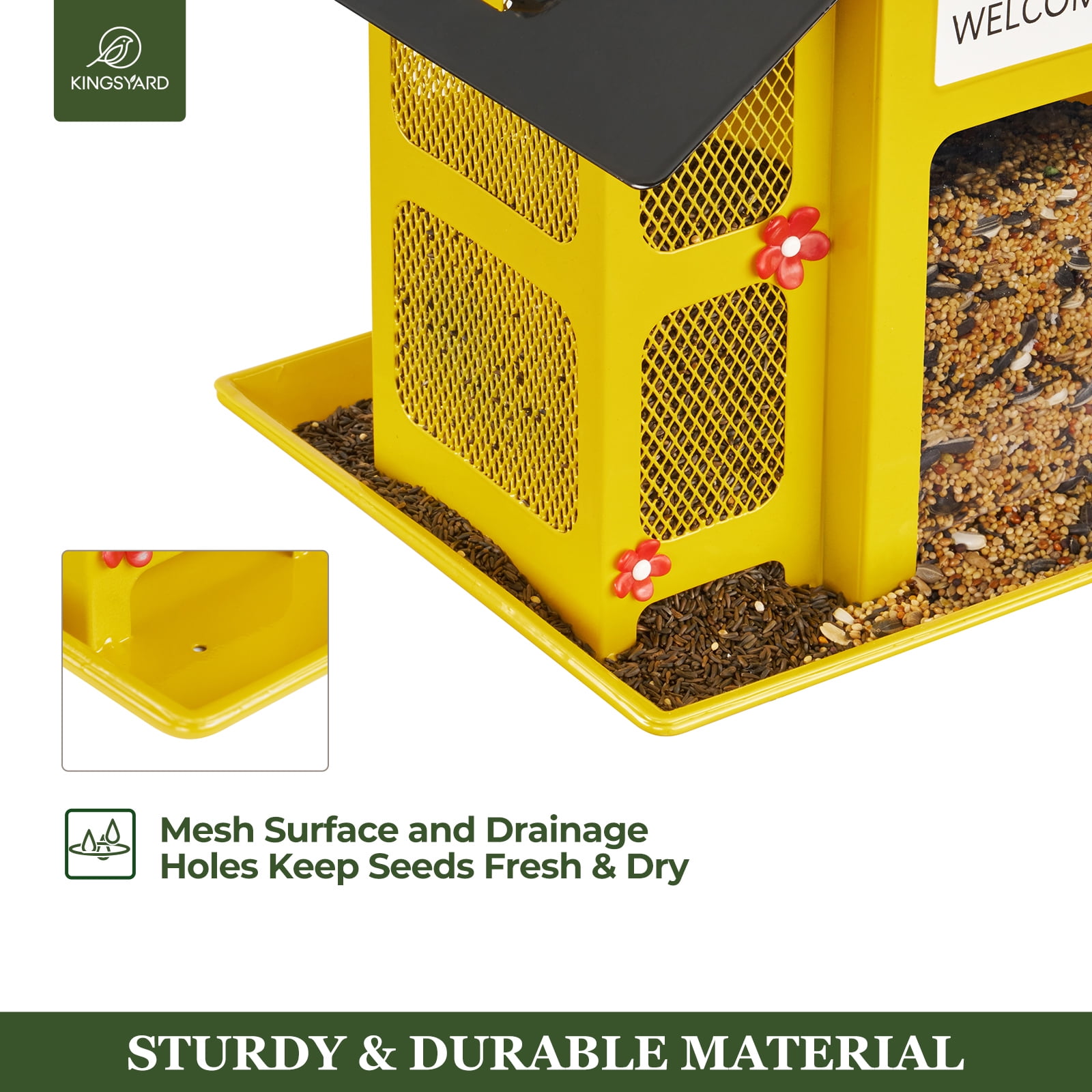 Kingsyard Metal Wild Bird Feeder House for Outdoor Hanging with Triple Feeders, Weatherproof, Yellow