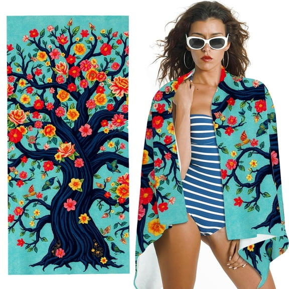 RKSupls Red Floral Tree Of Life Teal Microfiber Beach Towel, Extra Large Quick Dry Lightweight Absorbent Towel for Travel Swimming Camping, Soft Super Absorbent- 30x60 in