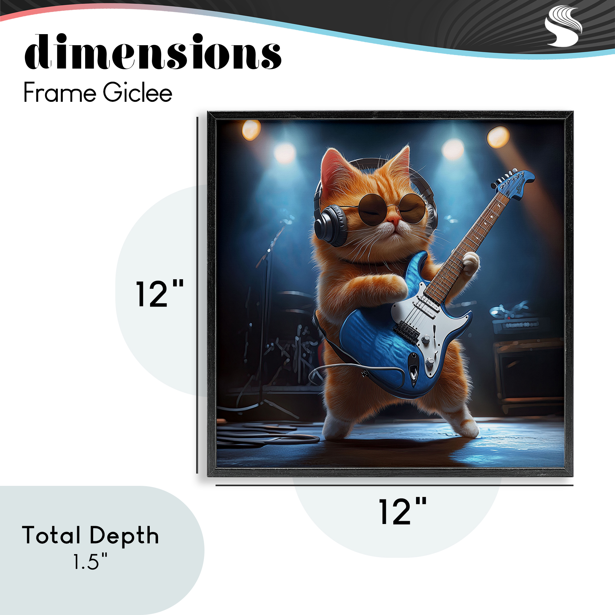 Cat Guitarist in Band Black Framed Giclee Art, design by Jim Baldwin