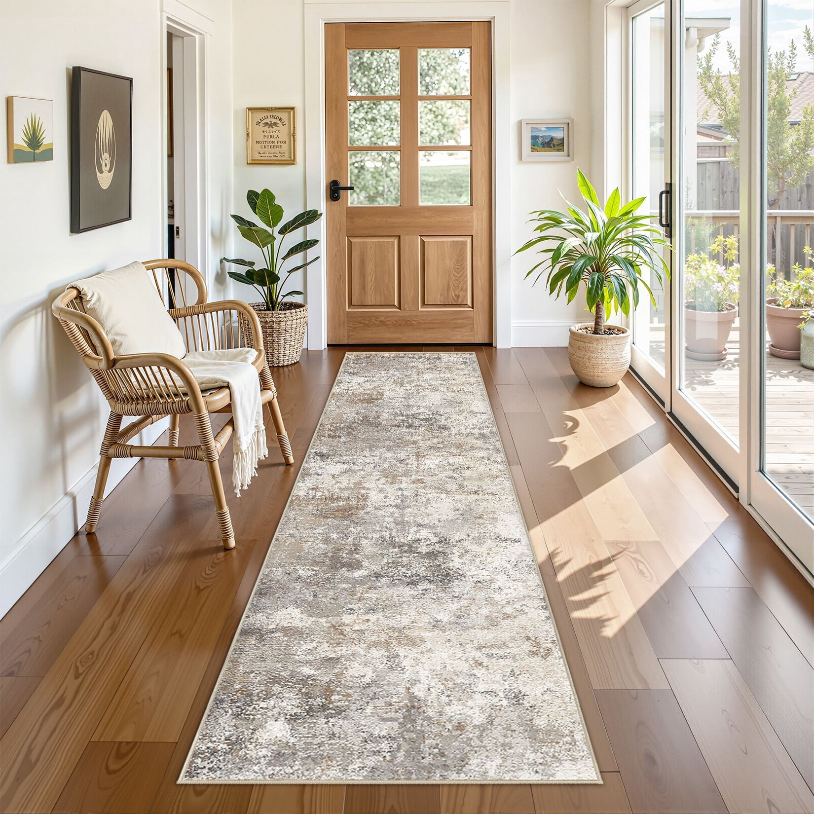 Toyoso 3x7 Washable Runner Rug Distressed Modern Abstract Brown Grey Low Pile Machine Washable Area Rug For Hallway Entryway Bedside Indoor Long Carpet Decor