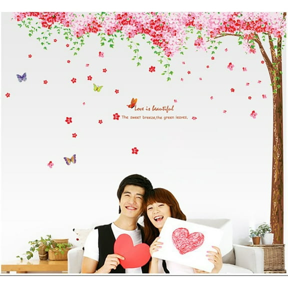 Sakura The Butterflies Fall The Cherry Trees Bloom Wall Decal DIY  Wall Sticker for Kindergarten Living Room Children's Room TV Sofa Background Wall Art Decors Window Dressing Living Room