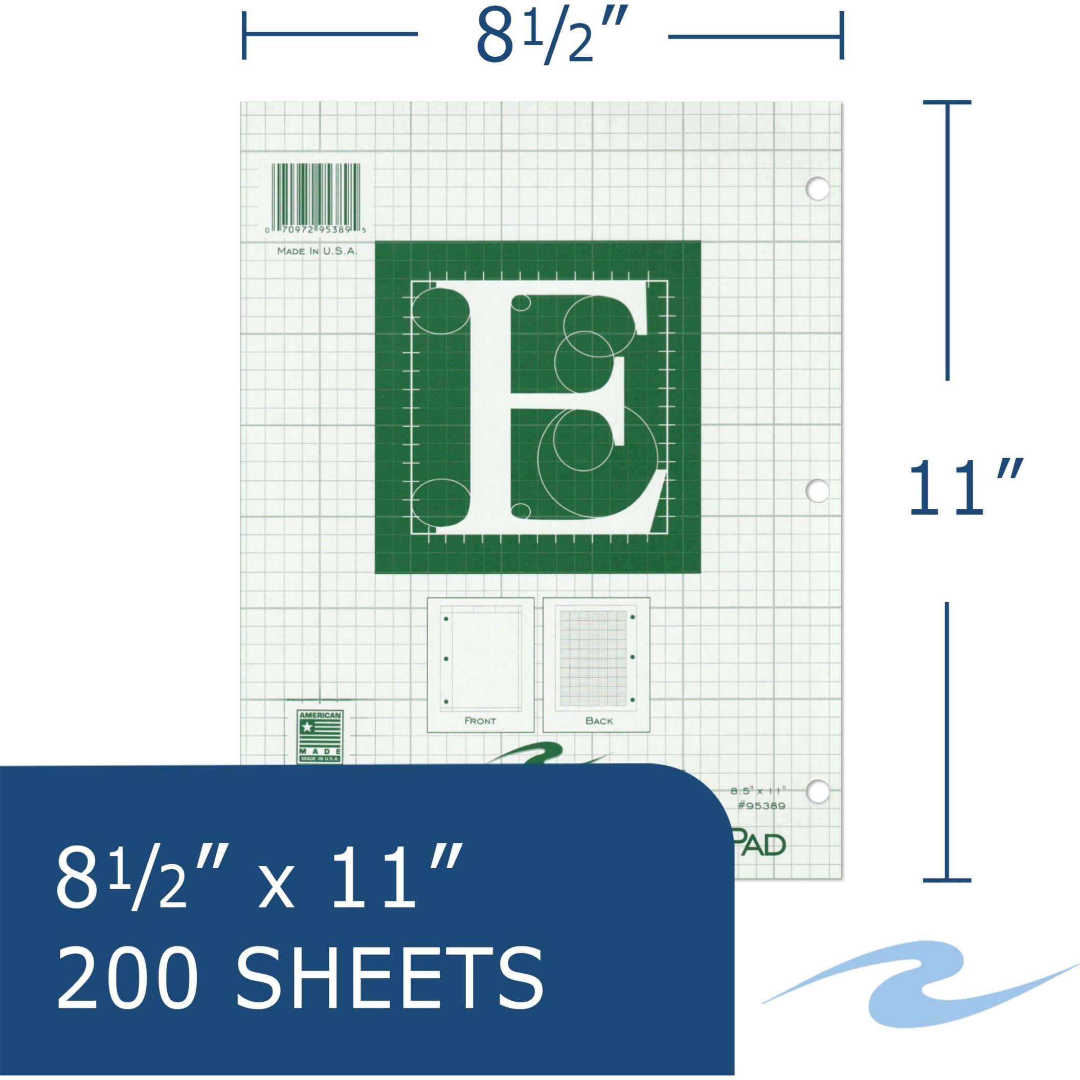 Roaring Spring Engineering Pad, 12-Pack, 8.5" x 11", 200 Sheets 15# Green Paper, 5x5 Printed Back Enclosed Grid, Top Glued, 3-Hole Punched, Proudly Made in USA, Heavy Backing Board