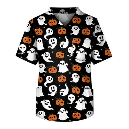 

HHei_K Halloween Scrubs Men s Short Sleeve V Neck Halloween Print Chest Pocket Carer Top
