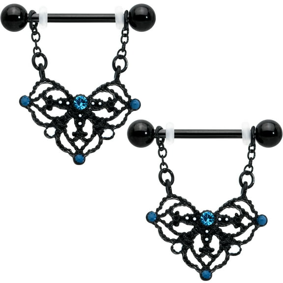 Body Candy 14G Womens Nipplerings Piercing Surgical Steel Black Lacy Rhombus Dangle Nipple Ring Set 9/16"