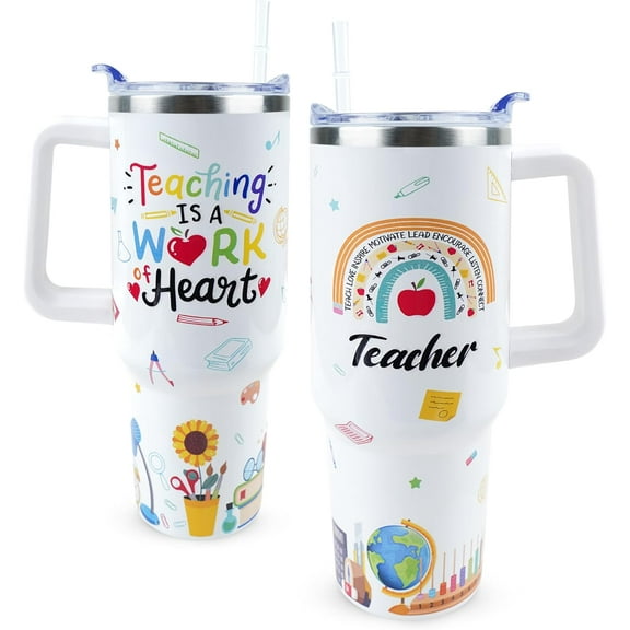 Teacher Tumbler 40 oz With Handle and Straw Lid - Best Teacher Ever Coffee Mug Insulated for Hot Cold Iced Drink - Mother''s Day Gifts for Women Birthday Appreciation Cup