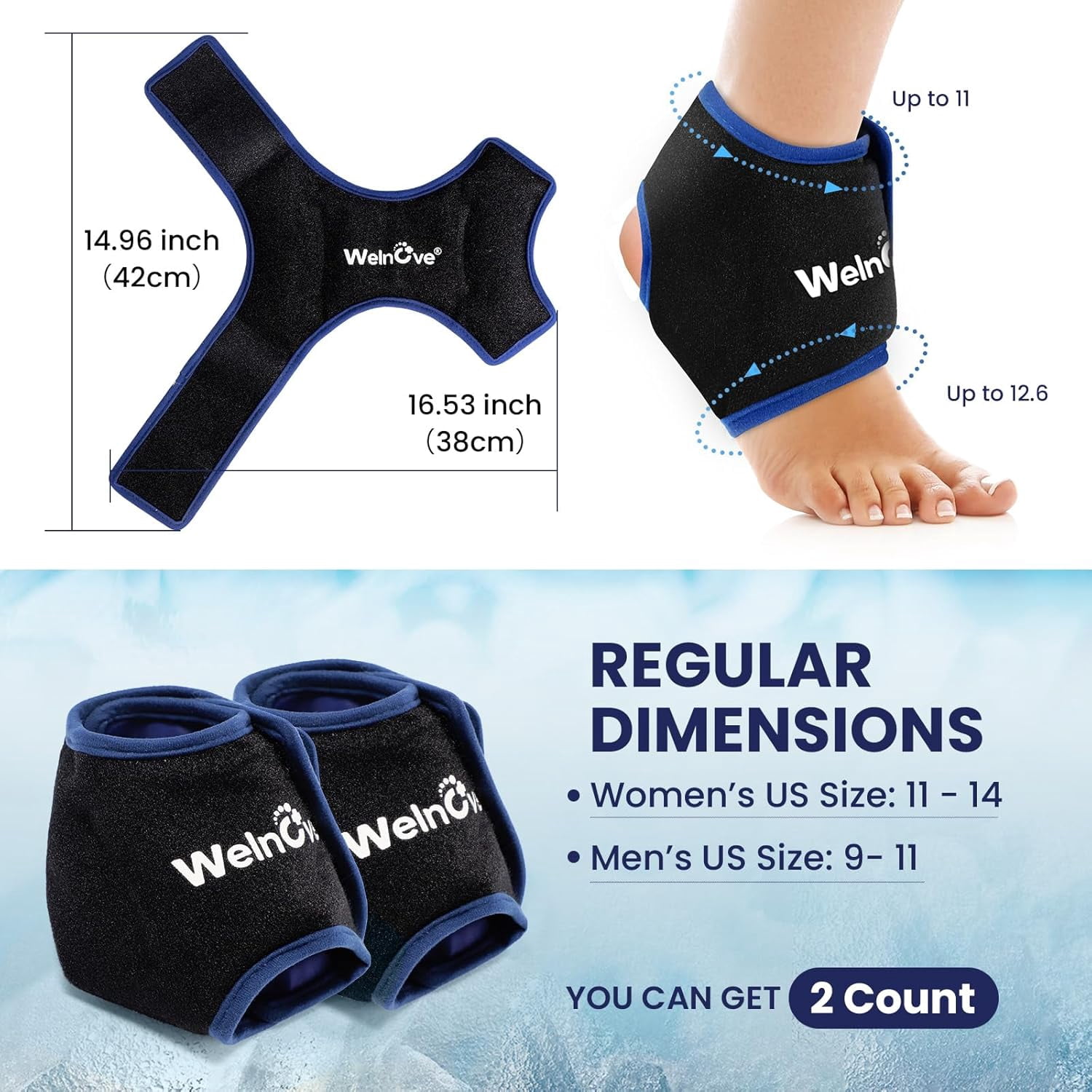 Welnove Ankle Ice Pack Wrap – 2 Pack Reusable Gel Cold Packs for Pain Relief, Heel Injuries, Plantar Fasciitis, Achilles Tendonitis, for Swelling, Sprained Ankles