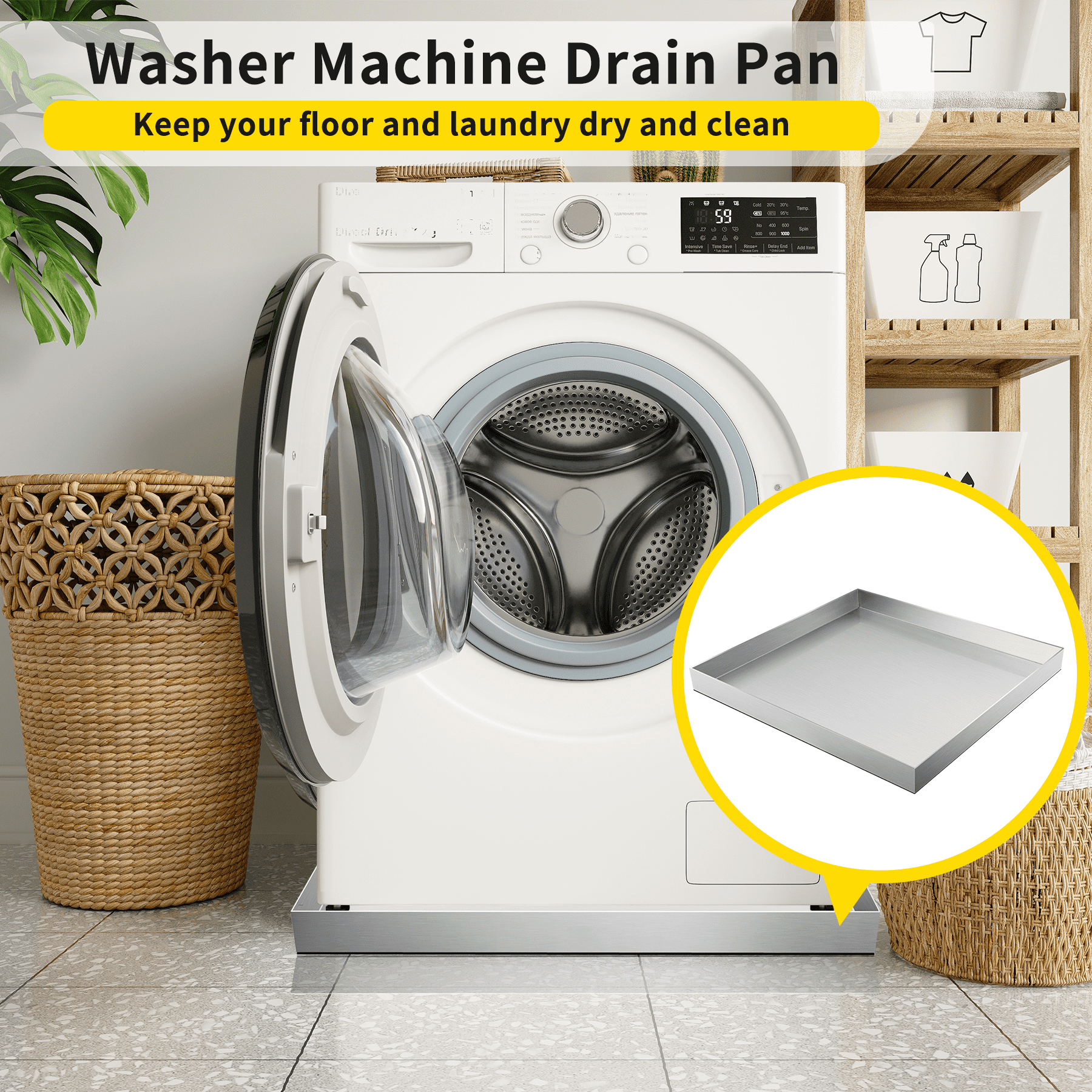 Cxforste Washing Machine Drain Pan - 27" x 25" x 2.5" - 304 Stainless Steel Heavy Duty Washing Machine Tray No Hole
