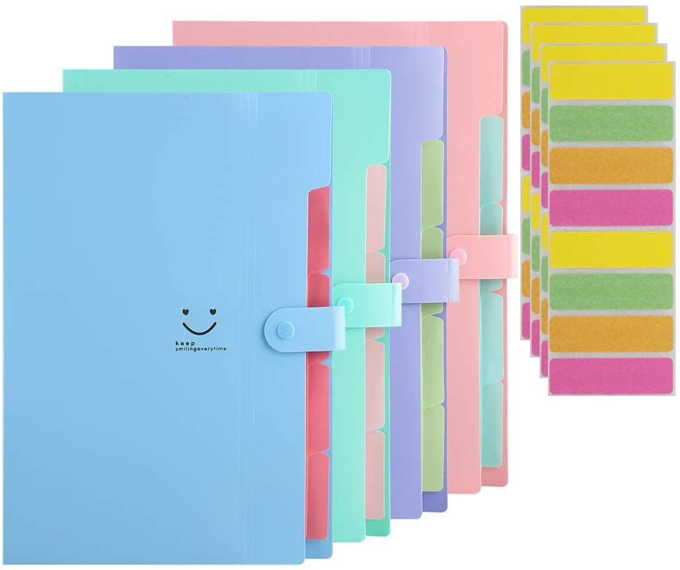 Nordun 3 Pack Expanding File Folders/Accordion Document Organiser with Labels Letter A4 Paper Plastic File Wallet Folder with Snap Button,5 Pockets Expandable File Jackets for School Office Home 