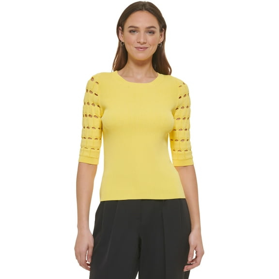 Women's Checkered-Sleeve Ribbed Crewneck Sweater Goldfinch S