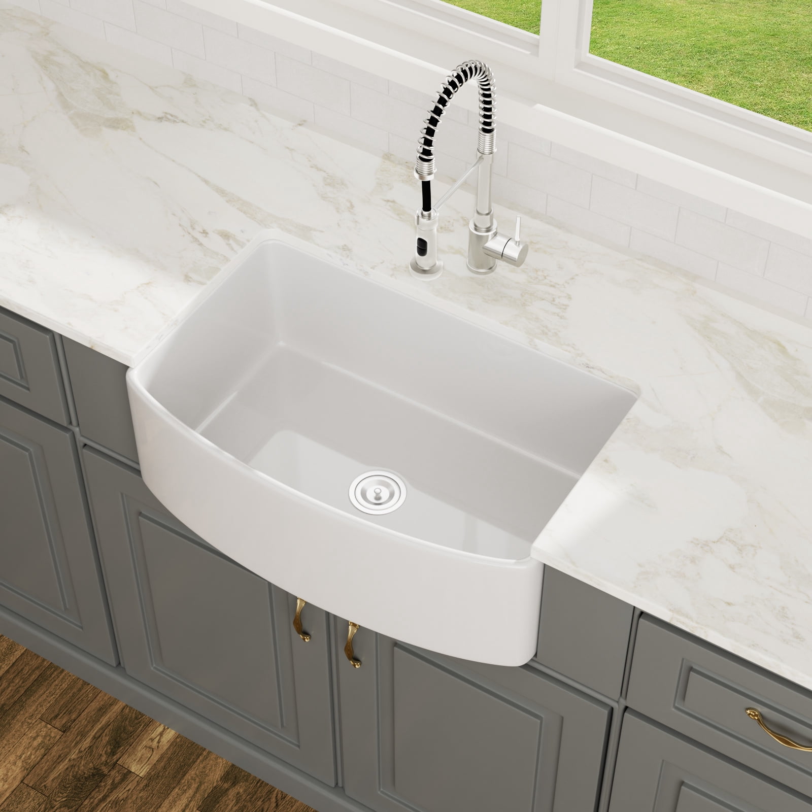 30"x19" Arc-shaped Fireclay/Creamic Single Bowl Farmhouse Apron Kitchen Sink with Bottom Grid and Drain Strainer