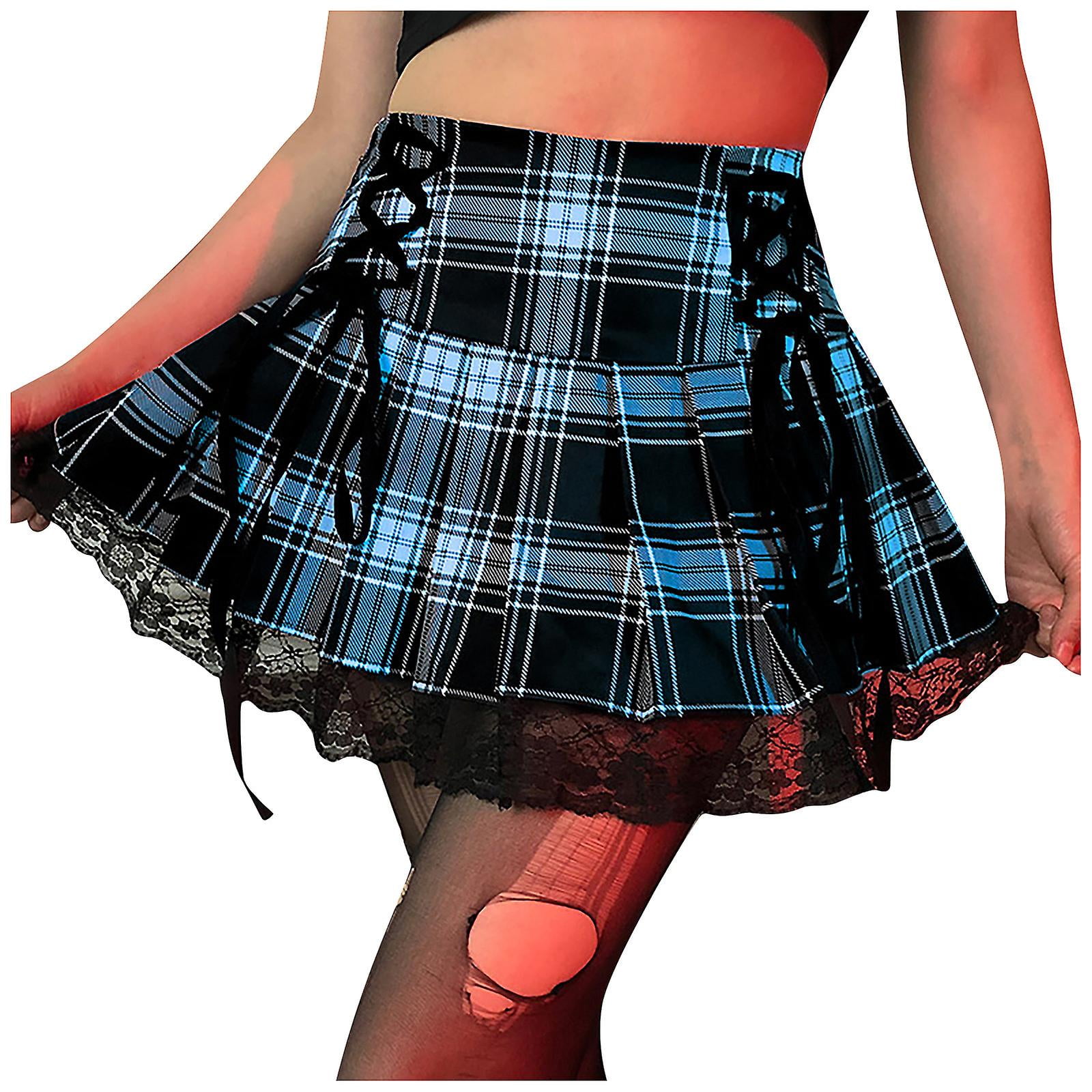 Women s High Waisted A line Lace Skirt Short Flare Mini Plaid Pleated Skirt Walmart