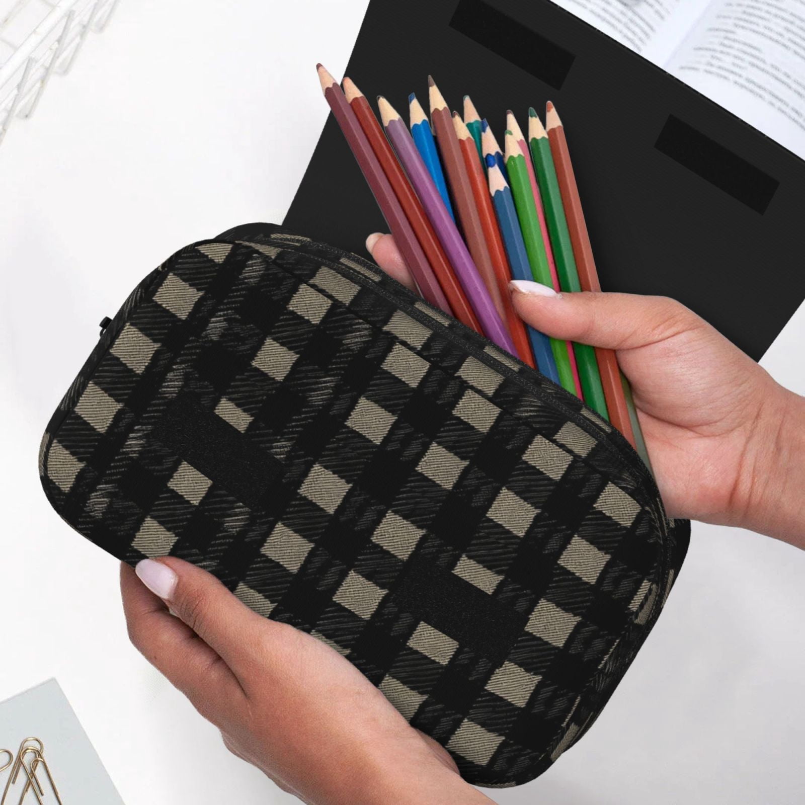 Large-Capacity Flip-Top Double-Layer Pencil Case, Multi-Functional Pocket Pen Case, Durable Stationery Organizer Black Houndstooth Vintage Texture_85706_3