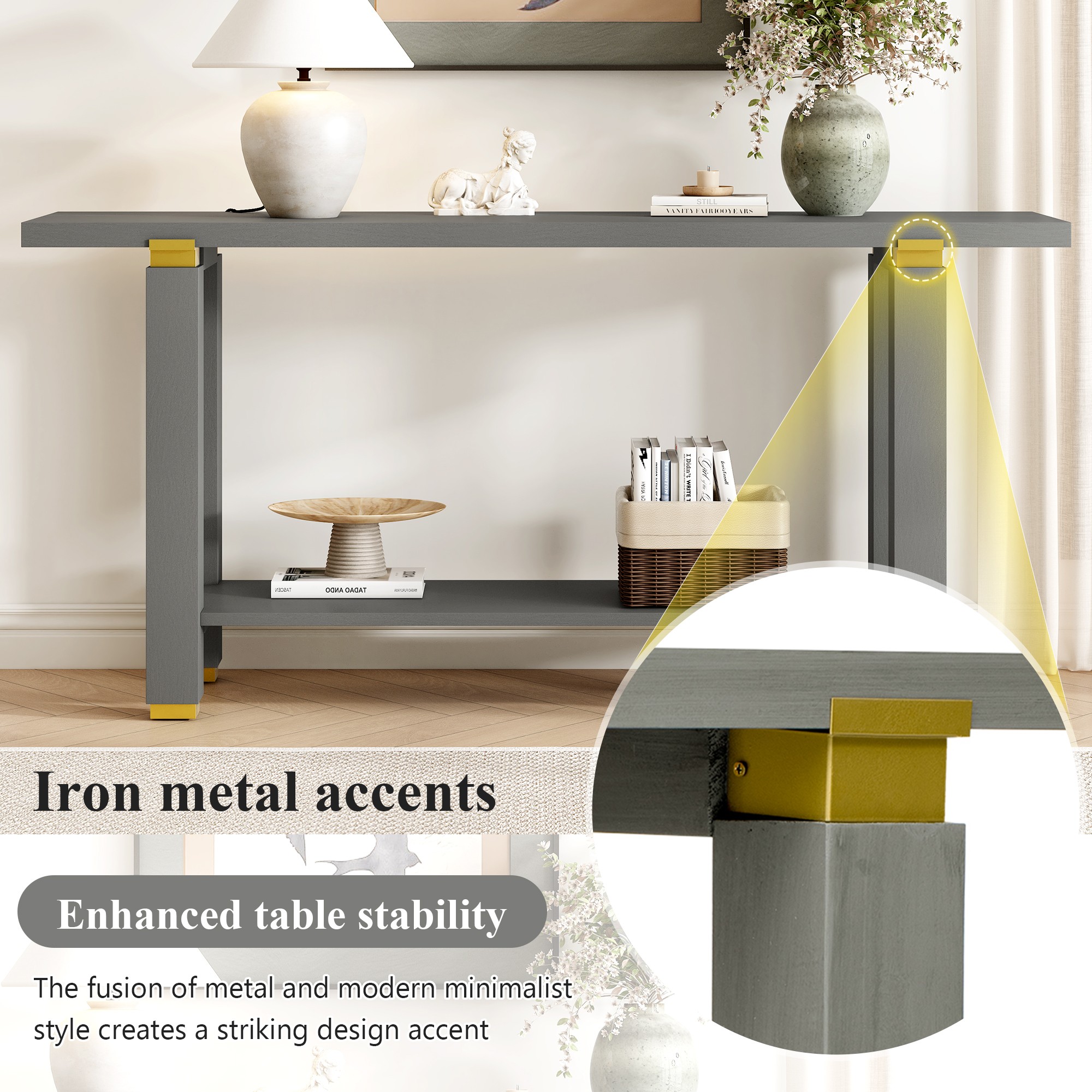 62.9" Modern Minimalist Console Table, Solid Wood Entryway Sofa Table with Metal Accents, Built-in Shelf, for Living Room, Hallway (Gray)