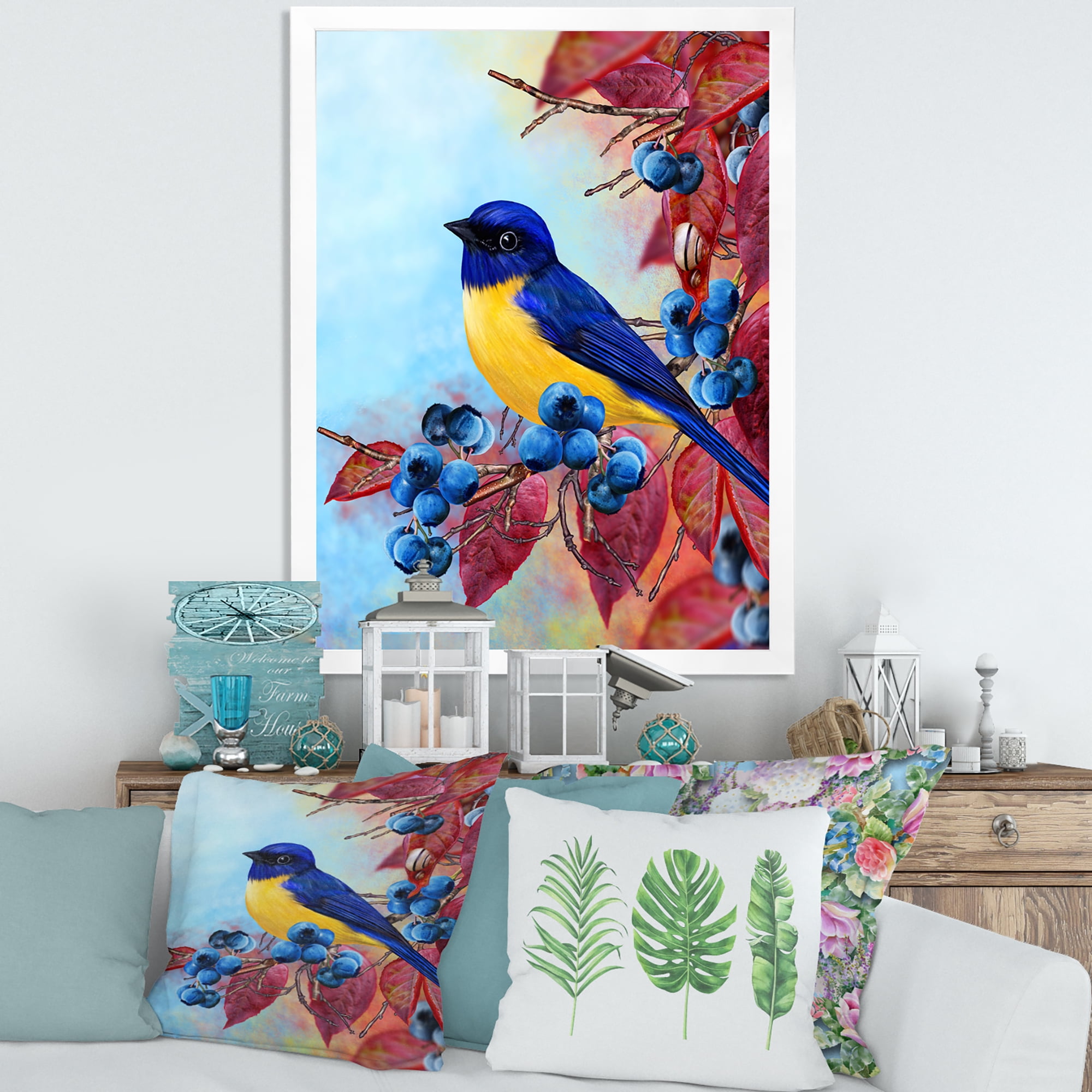 Designart 'Bright Bird Bullfinch Sitting On A Branch of Berries I' Traditional Framed Art Print