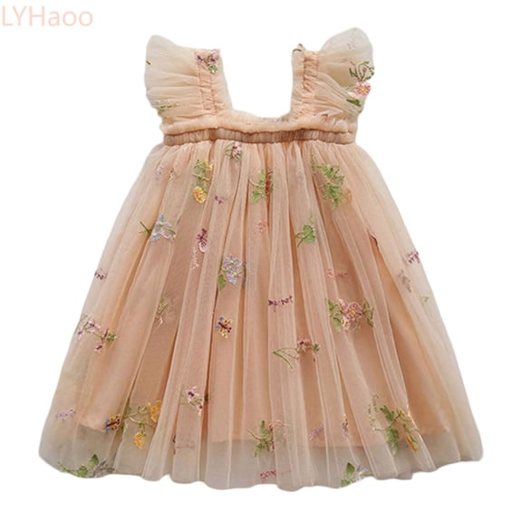 LYHaoo Toddler Girls Fly Sleeves Embroider Princess Dress Dance Party Floral Dresses Clothes,Little Girls Dresses Sizes 2-3 Years Beige